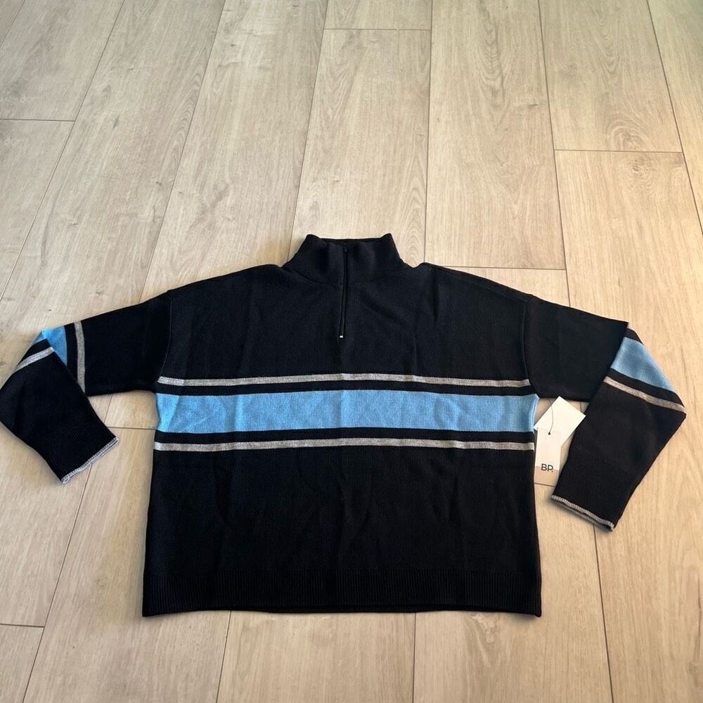 BP. Womens Black Blue Acrylic Mock Neck Quarter Zip Stripe Sweater Size m